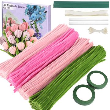 Yucurem 400PCS Pipe Cleaners Craft, 4 Assorted Colors Pipe Cleaners Bulk, Chenille Stems for DIY Flower Making Kit with Floral Wires, Gardening Tape,Stamen& Ribbon (Pink)