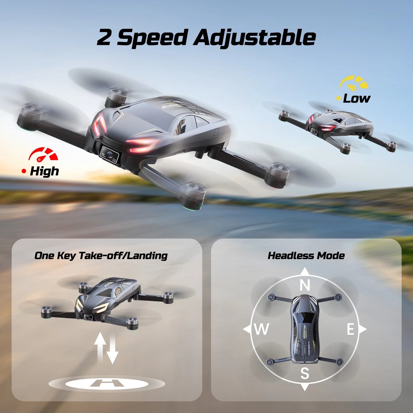 Wefone D12 Racing-Car Drone with 720P HD Camera for Kids and Adults, LED Lights, 2 Batteries, Gray
