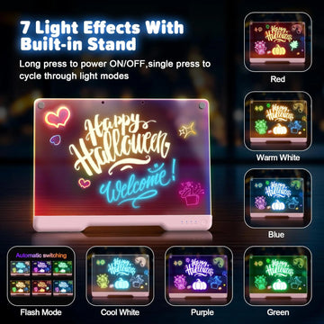 Rechargable "13.7"X10" LED Light-Up Dry Erase Board with 7-Color Neon Doodle Glow, Adjustable Lights Button & Stand - Night Light for Kids Room/Office/Gift, Includes 5 Markers (light pink)