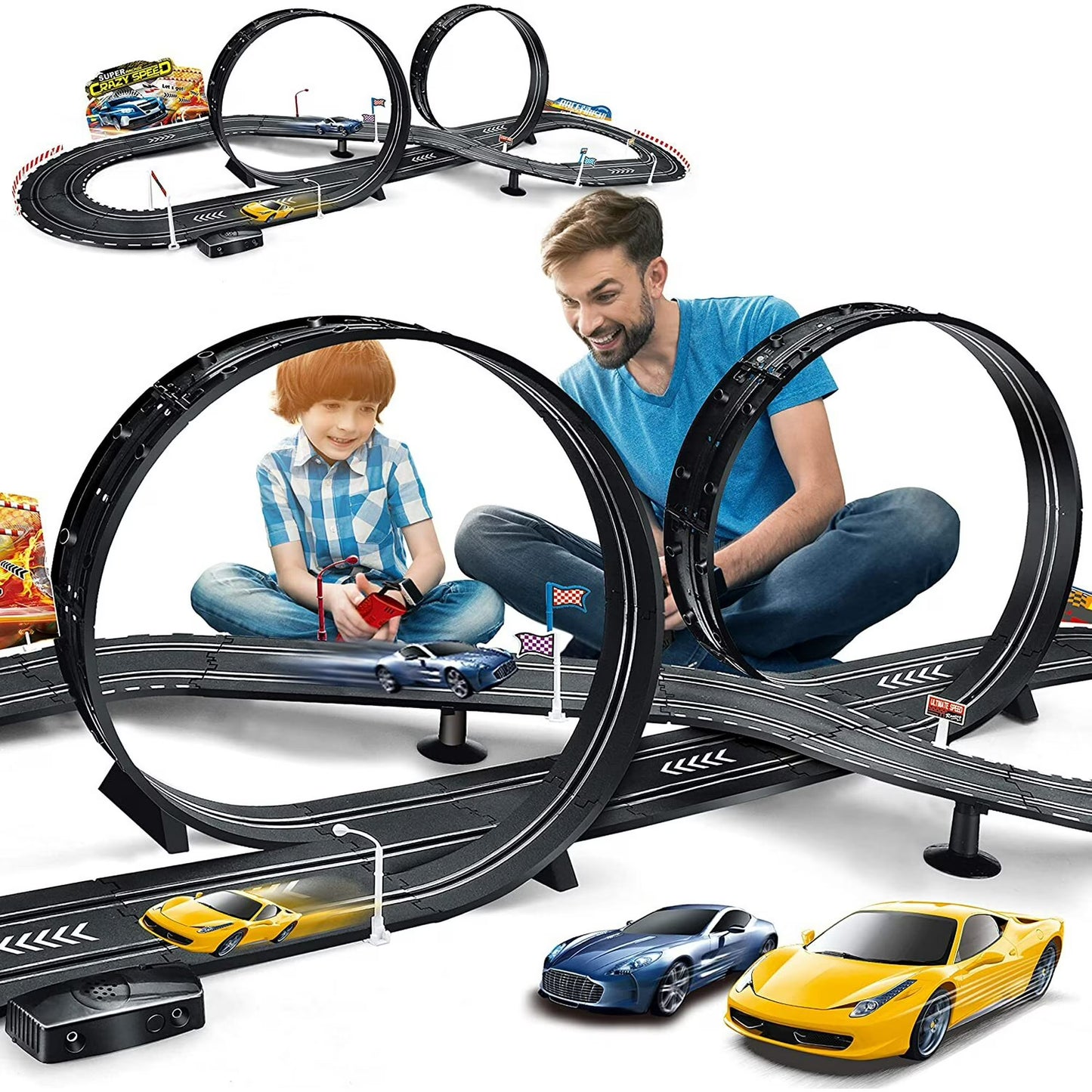 Fisca Slot Car Race Track Sets, 20ft Electric/Hand Shake Slot Car Track, Dual Race Track Race Cars Toy for Girls Boys Age 4-12
