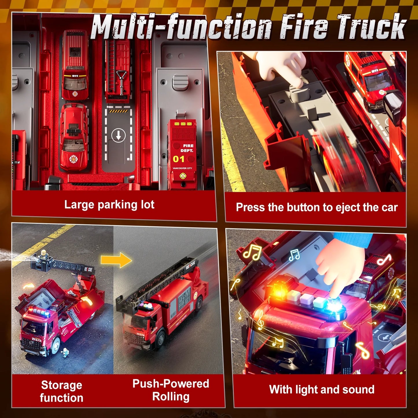 WonderStone Kids Fire Truck Toys, Alloy Deformable Cars with Light & Sound/ Extendable Aerial Ladder/ Working Water Pump, Fire Engine for 3-7 Years Old Boys Thanksgiving Christmas Birthday Gifts