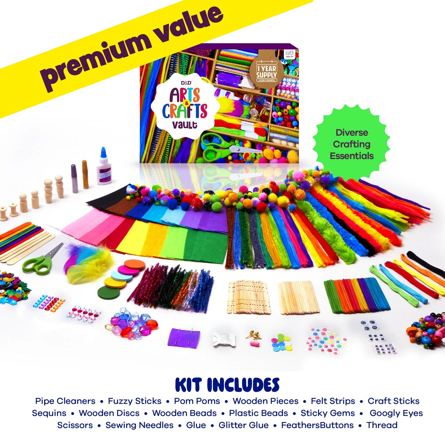 Arts & Crafts Vault - Craft Supplies Kit for Kids - Activity Crafting in a Box - Gifts for Girls & Boys Ages 4-12 Years