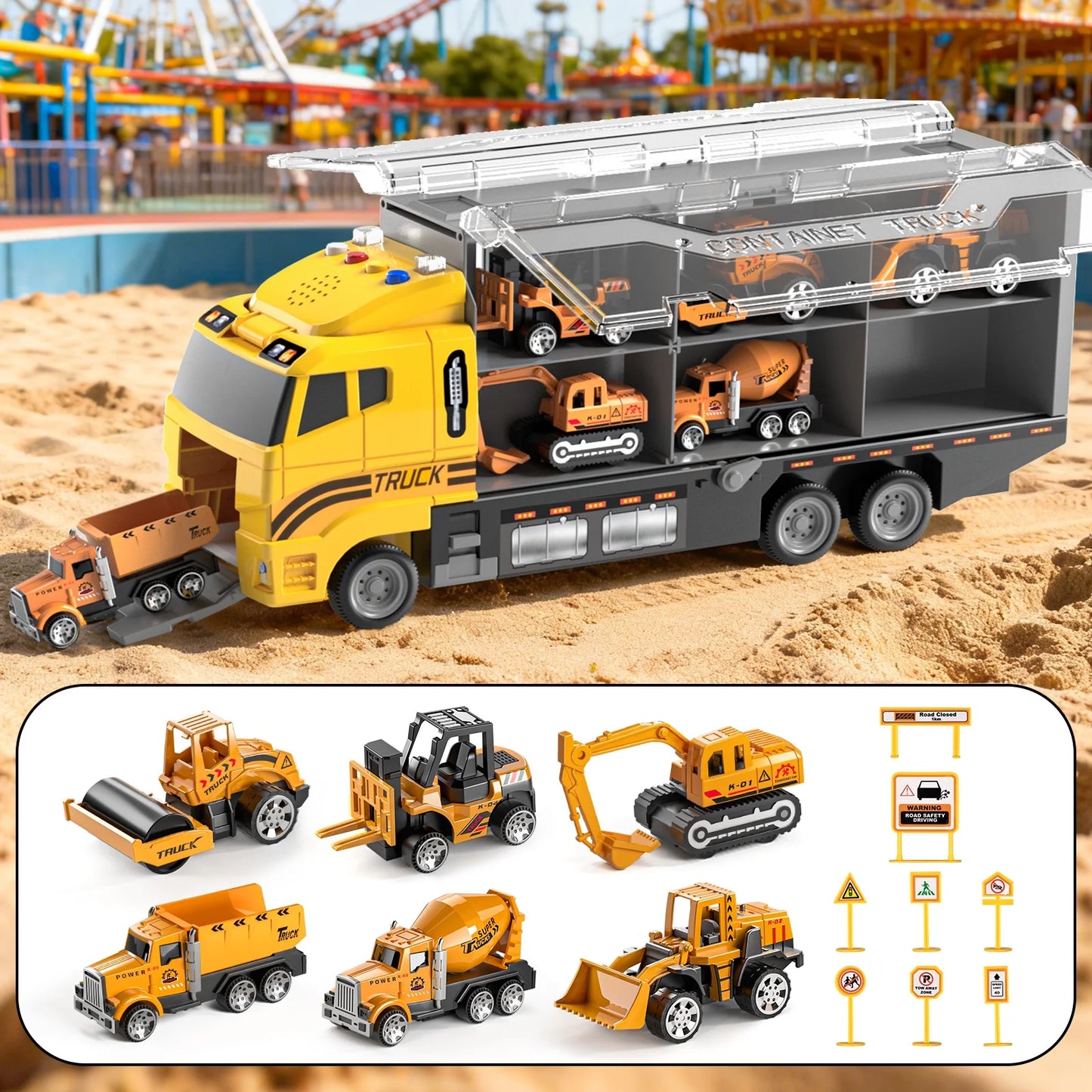 Lucky Doug Construction Toy Truck for Toddler, Boy Truck with 6 Metal Construction Cars, Toys for Boys Ages 3-6-8
